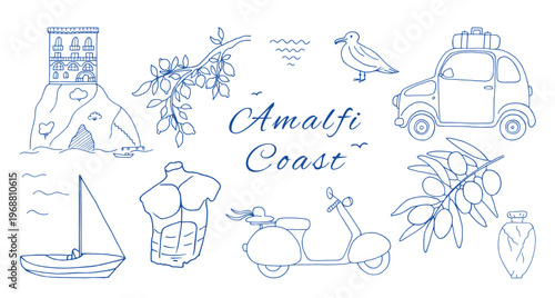 Amalfi Coast travel collection in hand drawn doodle style. Vector outline illustration of Italy summer symbols. Blue line art set. Design elements for vacation and tourism projects.