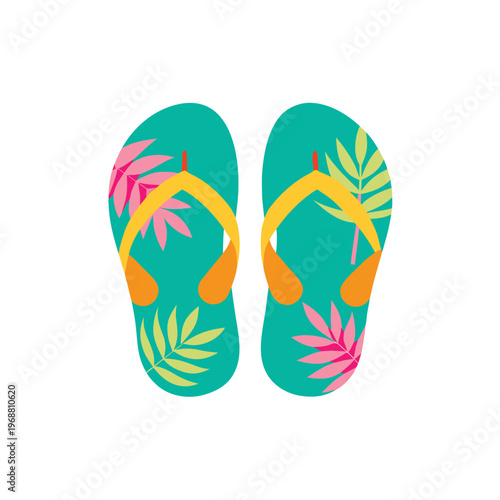 Pair of flip flops with tropical leaf patterns for summer and beach footwear
