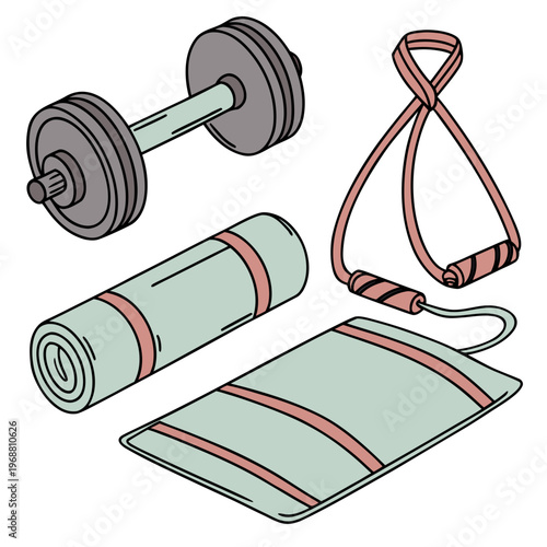 A yoga mat and dumbbell with resistance band