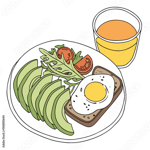 A plate of avocado slices with fried egg on toast and tomatoes
