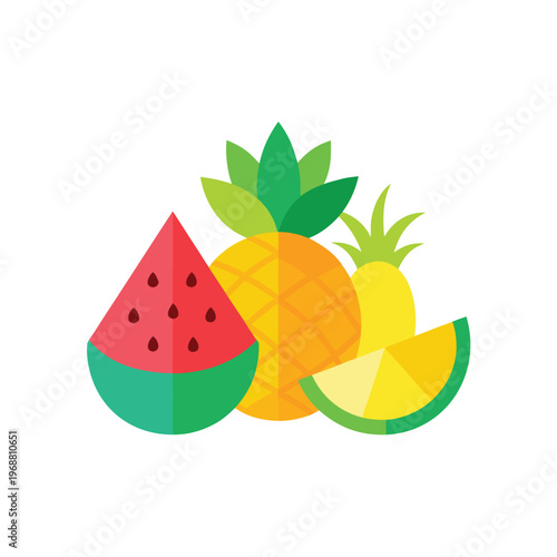 Group of tropical fruits including watermelon pineapple and lemon slices
