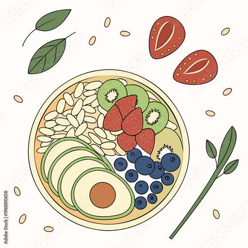 A bowl of oatmeal with fruit and nuts