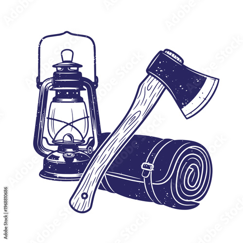 Hand drawn of a vintage kerosene lantern with a wooden handle axe and a rolled sleeping bag isolated on a white background with a distressed texture effect in dark blue ink style
