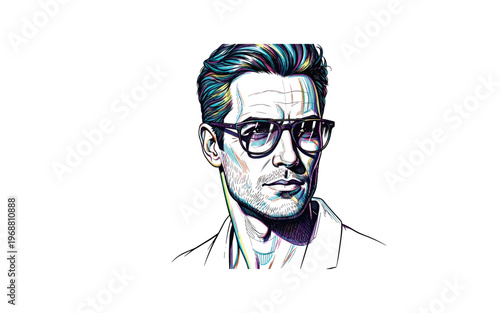 Stylish mature man with refined features and colorful hair, wearing glasses