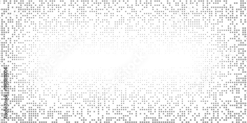 A modern graphic design presents an array of gray squares and dots fading from a concentrated center on a light background creating a sense of depth and sophisticated visual effect
