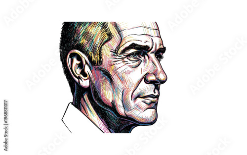 Distinguished mature man's profile rendered in vibrant, expressive line art