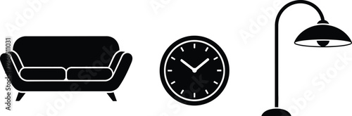 Sofa clock and floor lamp icons for home interior design