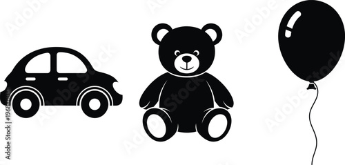Childhood play items featuring car toy teddy bear and floating balloon