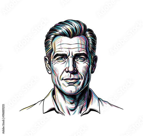 Portrait illustration of a mature man with striking blue eyes and colorful linework