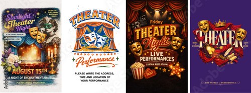 Theater night vector posters with stage curtains, masks and live performance themes. Dramatic design with vintage and modern styles for shows, events, cinema and entertainment promotion.