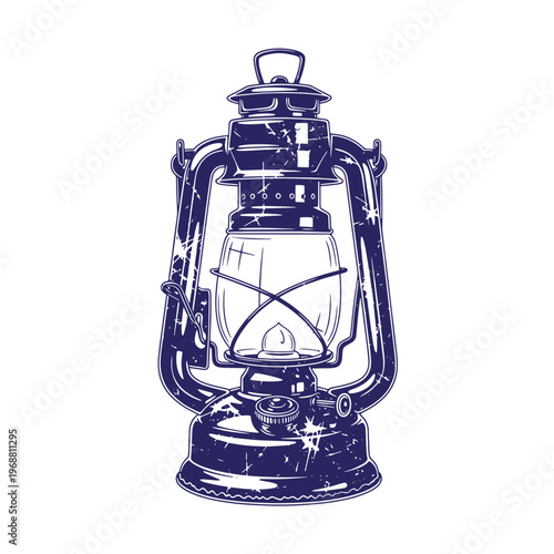 Vintage kerosene lantern with a distressed dark blue texture and a clear glass globe isolated on a white background