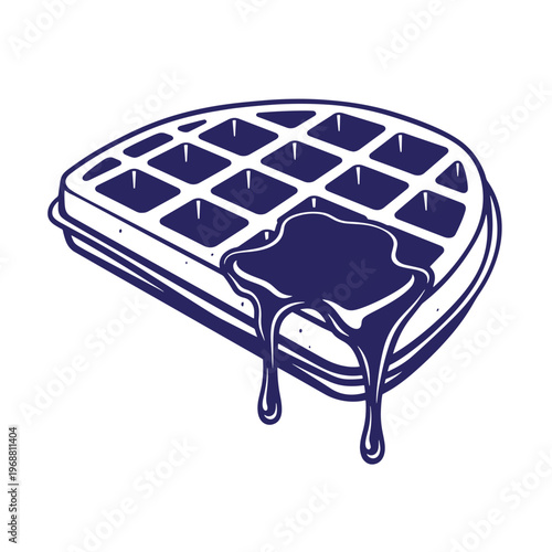 Dark blue of a single belgian waffle slice with thick syrup dripping down the side isolated on a white background