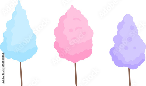 Three cotton candy illustration set, blue, pink, and purple fluffy sugar treats on a stick. Simple colorful minimalist drawing set of sweet carnival treats.