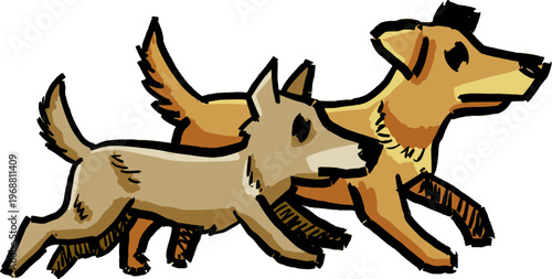 Running dogs sketch, hand drawn pair of dogs playing and running fast together. Cute running sketch illustration, isolated black outline on white.