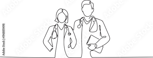 A medical team of doctors, man and woman, isolated on white background. one line art icon drawing vector