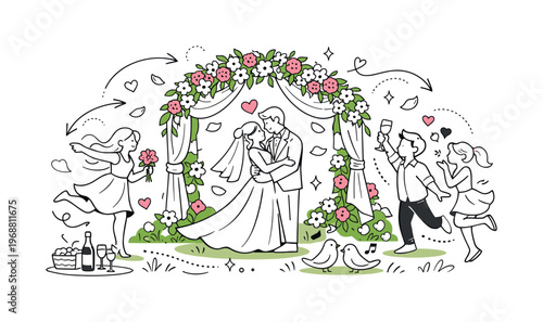 Spring Arch Celebration. Romantic Spring Arch. A panoramic scene of a floral wedding arch in full bloom, soft