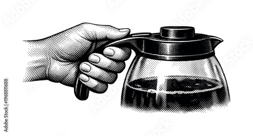 A human hand gripping the handle of a coffee pot, focusing on fingers and handle curvature, rendered in high