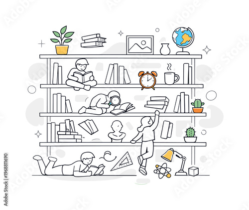 Bookshelves. Tall modern bookshelf filled with neatly arranged books, small plants and decor objects floating