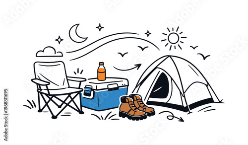 Outdoor adventure gear setup. Camping chair, cooler, hiking boots, and tent arranged in a simple campsite