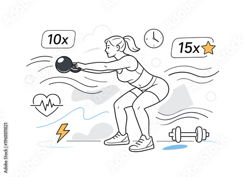 Women’s functional training. Athlete performing kettlebell swings in minimalist gym space, energy waves and