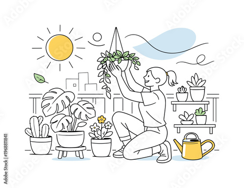 Urban balcony greenery. A playful composition with multiple plants, a person arranging them creatively,