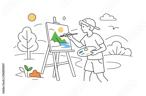 A young artist painting a nature scene on canvas outdoors. Young painter standing at easel in open air, brush