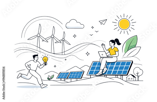 Renewable Energy Landscape. Green energy. Wind turbines and solar panels powering a clean landscape, energy