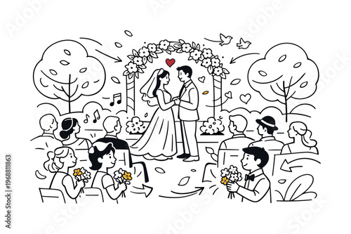 Outdoor Spring Wedding. Guests seated in rows on a lush green lawn, children holding small bouquets, while the