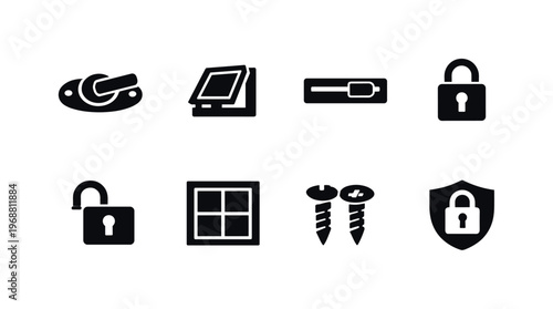 Bathroom window latch. Filled icon set of Bathroom window latch: window latch lock, tilt window latch, sliding