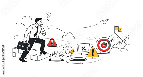 Managing business obstacles. Business owner navigating around barriers and warning icons while moving toward