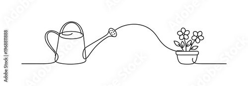 Minimalist Floral Watering. "Floral Watering Scene". Minimalistic one-line drawing watering can beside small