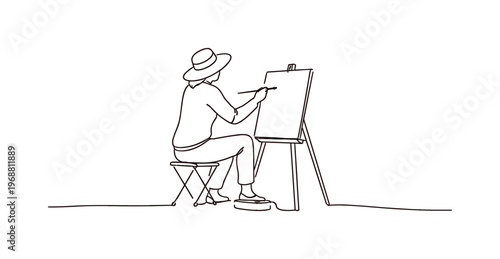 Minimalist Plein Air Artist. "Plein Air Scene". Minimalistic one-line drawing artist seated on small stool