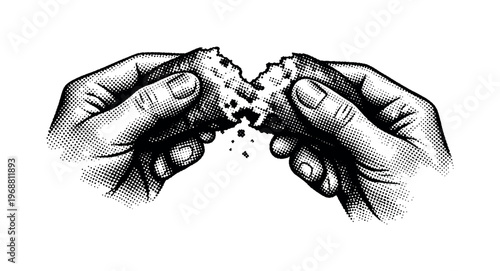 A human hand breaking a piece of bread apart, focusing on fingers and tearing motion, rendered in high