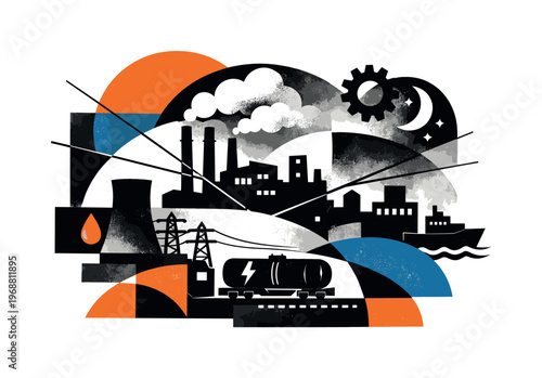 Industrial Night Collage. Abstract graphic collage evoking a foggy industrial night, black and white factory