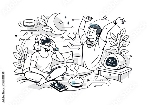 Future sleep wellness wearables. High-tech sleep aid integrated into a calm bedtime scene, blending nature and