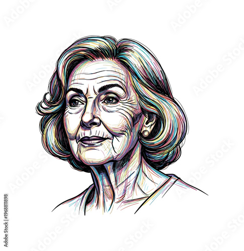 Artistic portrait of an elegant elderly woman with colorful, textured hair