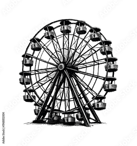 A vintage ferris wheel structure with visible spokes and circular frame, shown slightly off-center and at a