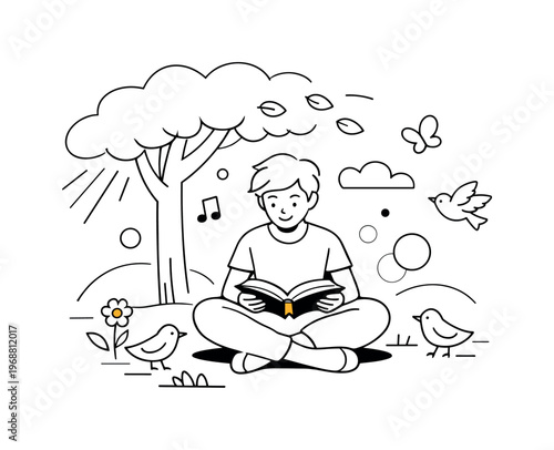 Spring Reading under Tree. Spring reading break. A person sitting cross-legged under a leafy tree, book open,