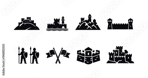 Historic fortresses. Filled icon set of Historic fortresses: hilltop fortress, coastal fort, mountain