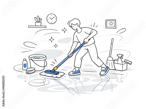 Deep cleaning day. A person mopping the floor, bucket and cleaning tools around, water reflections creating