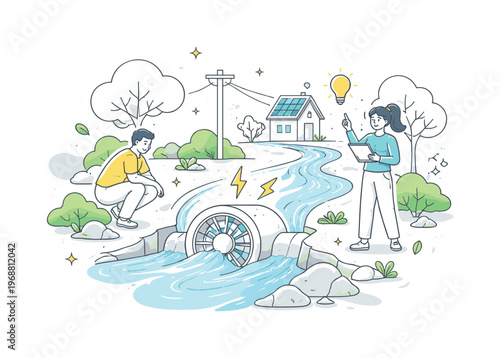 Micro-hydro systems. Small water turbine installed in a flowing stream, gentle motion lines showing energy