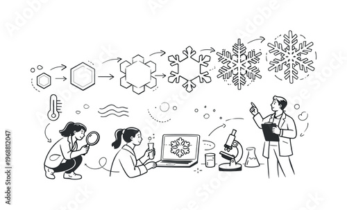Snow crystal growth process. Snowflake forming step by step, hexagonal structure expanding with clear geometry