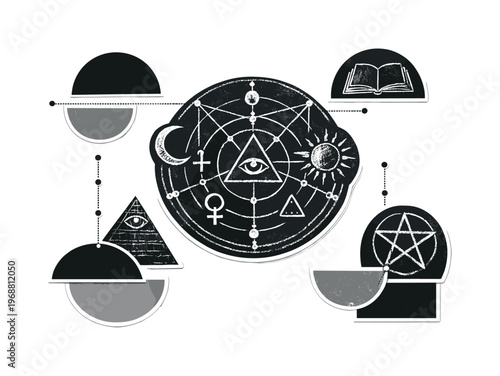 Conceptual occult diagram chalkboard composition with fragmented chalk symbols and concentric circles, black