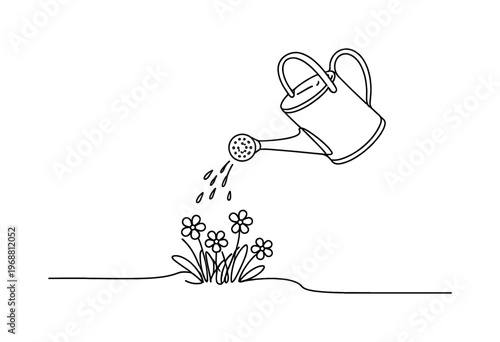 "Garden Watering". Minimalistic one-line drawing watering can tilted above tiny cluster of garden flowers,