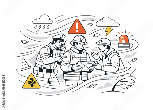 Emergency response in extreme weather. First responders coordinating during storm, strong wind curves and