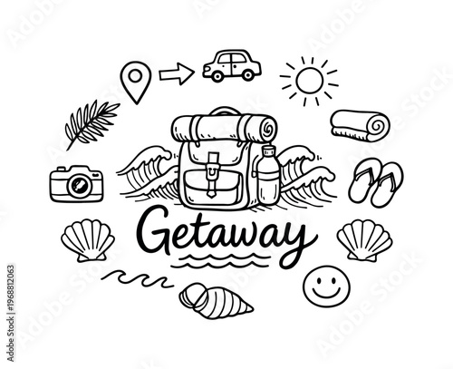 Last-minute beach getaway. Hand-drawn doodle illustration of last-minute beach getaway. In the middle, one