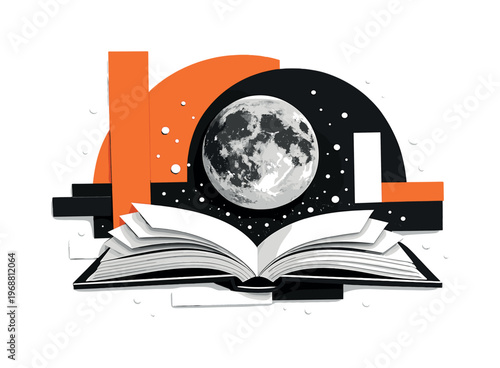 retro monochrome book lying open with a full moon hovering above its pages, abstract semicircles and