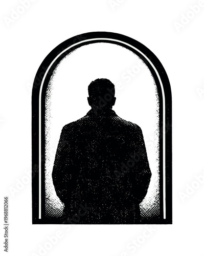 Rear-view shadow figure framed by an archway, posture static and unreadable, arch rendered as a stark graphic