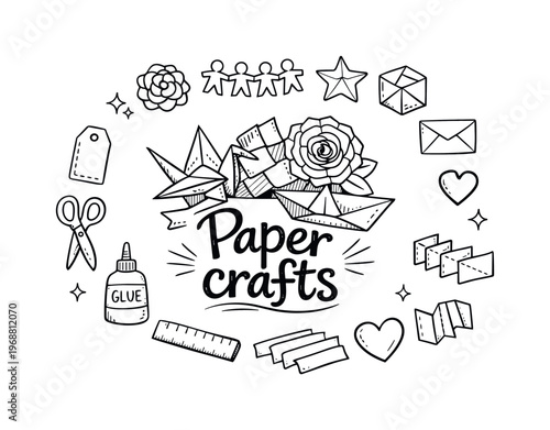 Creative paper crafts. Hand-drawn doodle illustration of creative paper crafts. In the middle, one slightly