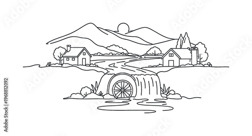 Small-Scale Hydropower. Minimalistic one-line drawing rural landscape with stream-driven turbine integrated
